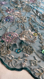 Tul Bordado Floral Multicolor Con Lentejuelas Y Chaquira Color Jade -HH210 — Palacio Glamour