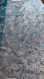 Tul Bordado Floral Multicolor Con Lentejuelas Y Chaquira Color Jade -HH210 — Palacio Glamour
