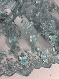 Tul Bordado Con Flores Y Mariposas 3D Aplicaciones de Perlas, Chaquira Y Lentejuela Color Sage- HH237 — Palacio Glamour