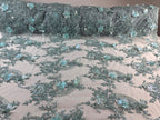 Tul Bordado Con Flores Y Mariposas 3D Aplicaciones de Perlas, Chaquira Y Lentejuela Color Sage- HH237 — Palacio Glamour