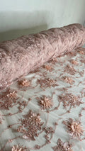 Tul Bordado Con Flores 3D Aplicaciones de Perlas Y Canutillo Color Blush- HH238 — Palacio Glamour