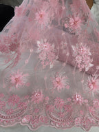 Tul Bordado Con Flores 3D Aplicaciones de Perlas Y Canutillo Color 12 Rosa- HH238 — Palacio Glamour