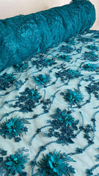 Tul Bordado Con Flores 3D Aplicaciones de Perlas Y Canutillo Color Verde- HH238 — Palacio Glamour