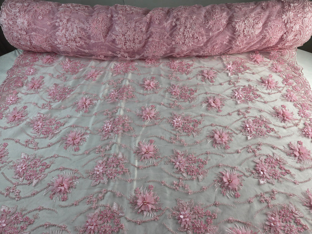 Tul Bordado Con Flores 3D Aplicaciones de Perlas Y Canutillo Color 12 Rosa- HH238 — Palacio Glamour