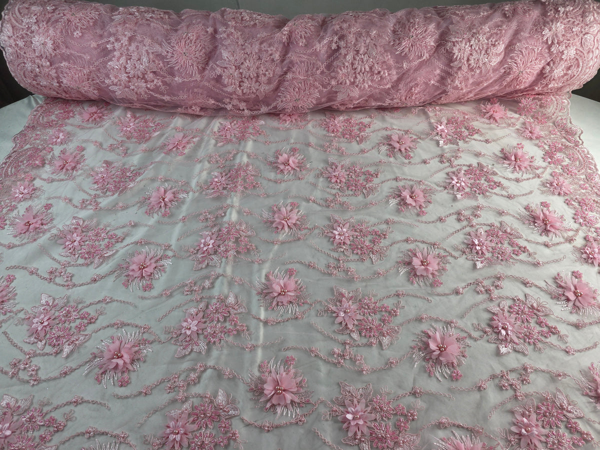 Tul Bordado Con Flores 3D Aplicaciones de Perlas Y Canutillo Color 12 Rosa- HH238 — Palacio Glamour
