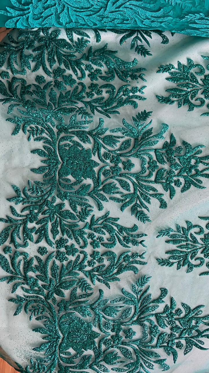 Tul Bordado Con Estampado Glitter Color Turquesa- HH239 — Palacio Glamour