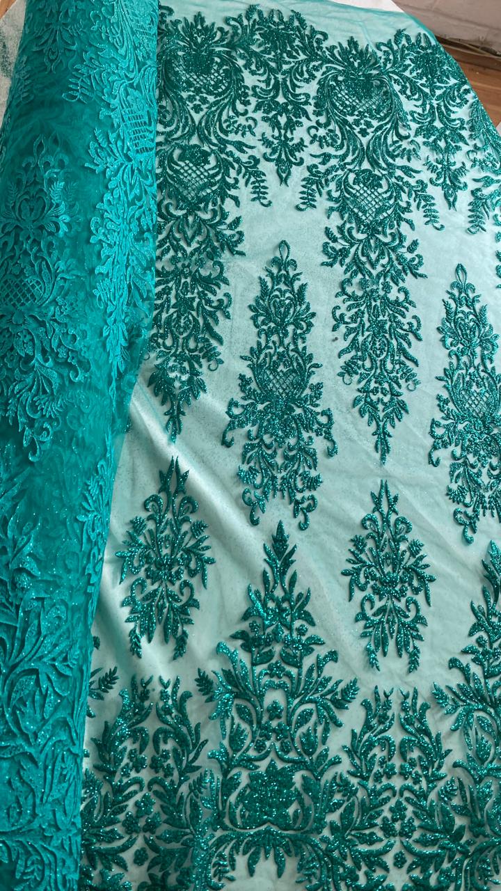 Tul Bordado Con Estampado Glitter Color Turquesa- HH239 — Palacio Glamour