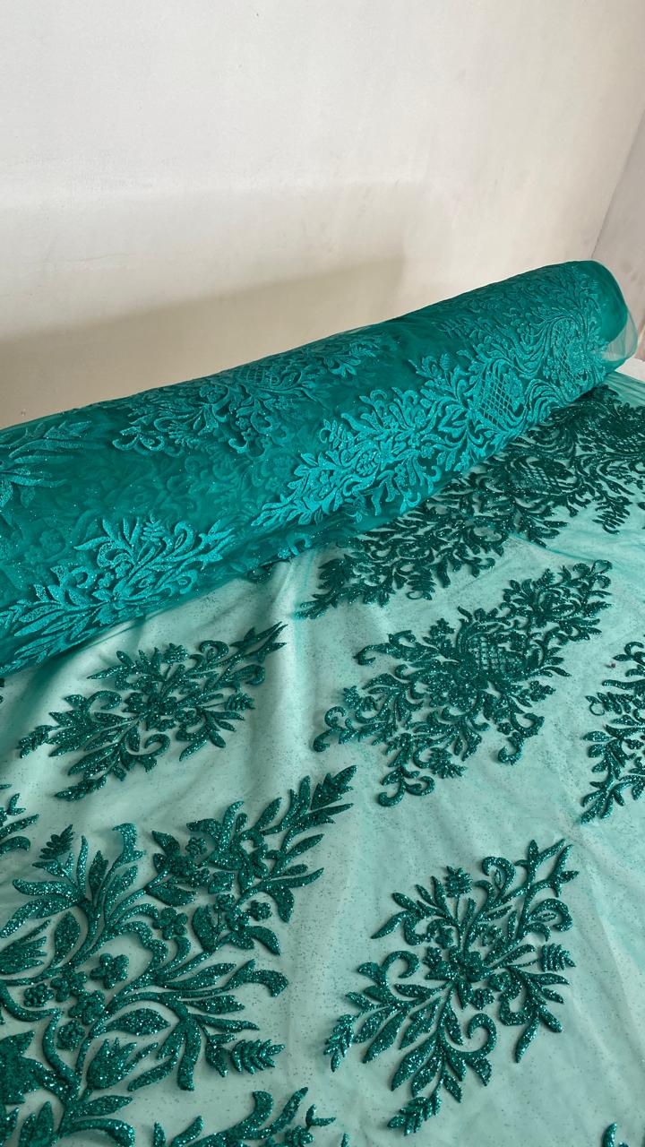 Tul Bordado Con Estampado Glitter Color Turquesa- HH239 — Palacio Glamour