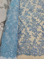 Tul Bordado Con Estampado en Glitter Diseño Floral Color Azul- HH240 — Palacio Glamour