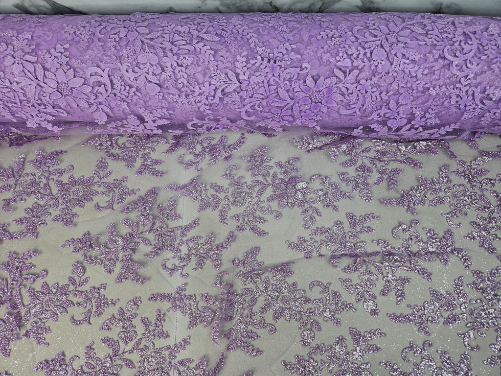 Tul Bordado Con Estampado en Glitter Diseño Floral Color Lila- HH240 — Palacio Glamour