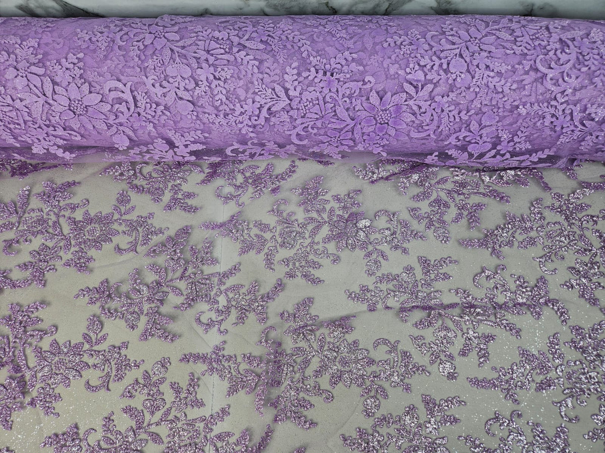 Tul Bordado Con Estampado en Glitter Diseño Floral Color Lila- HH240 — Palacio Glamour