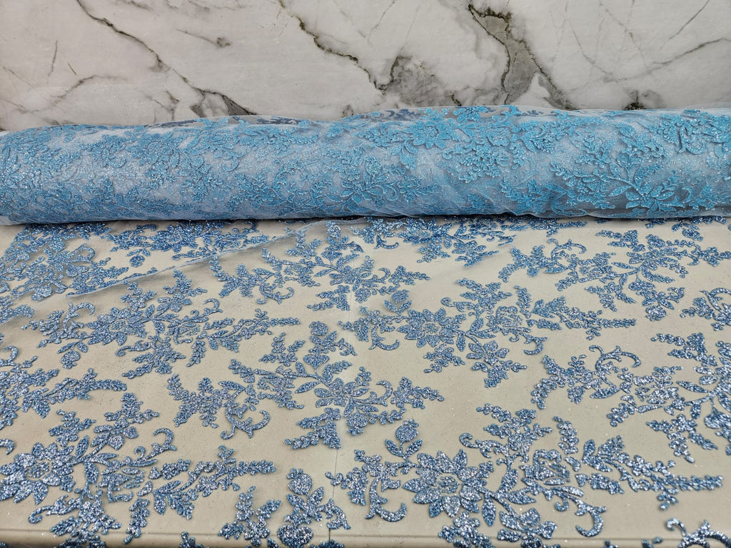 Tul Bordado Con Estampado en Glitter Diseño Floral Color Azul- HH240 — Palacio Glamour