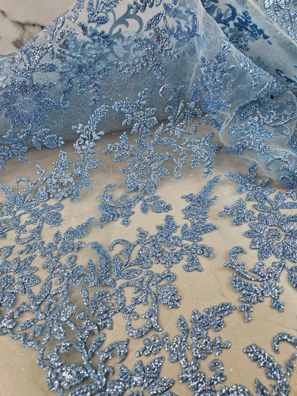 Tul Bordado Con Estampado en Glitter Diseño Floral Color Azul- HH240 — Palacio Glamour