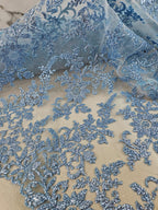 Tul Bordado Con Estampado en Glitter Diseño Floral Color Azul- HH240 — Palacio Glamour