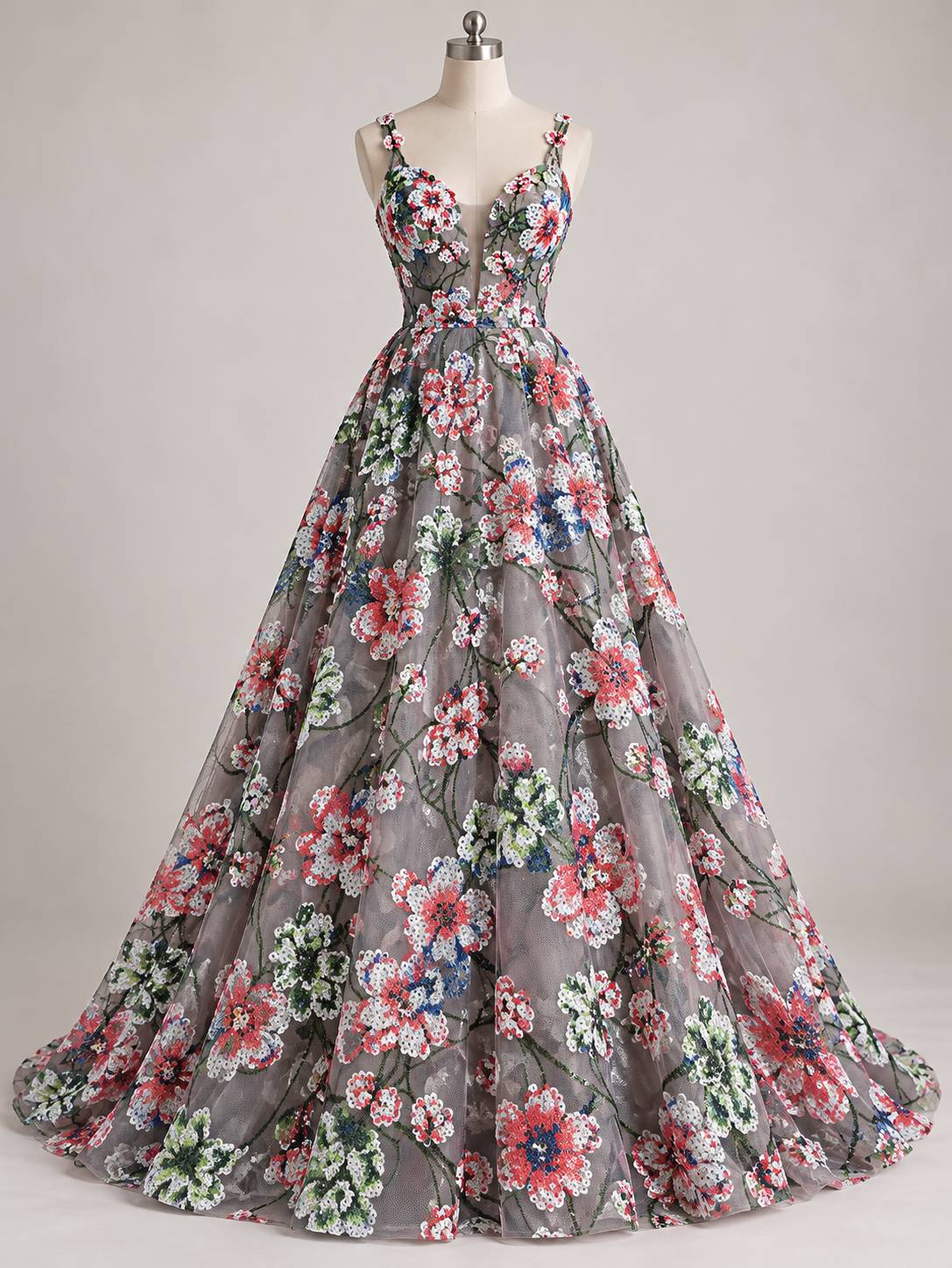 Tul bordado Con Flores de Lentejuela Color Coral A671 — Palacio Glamour