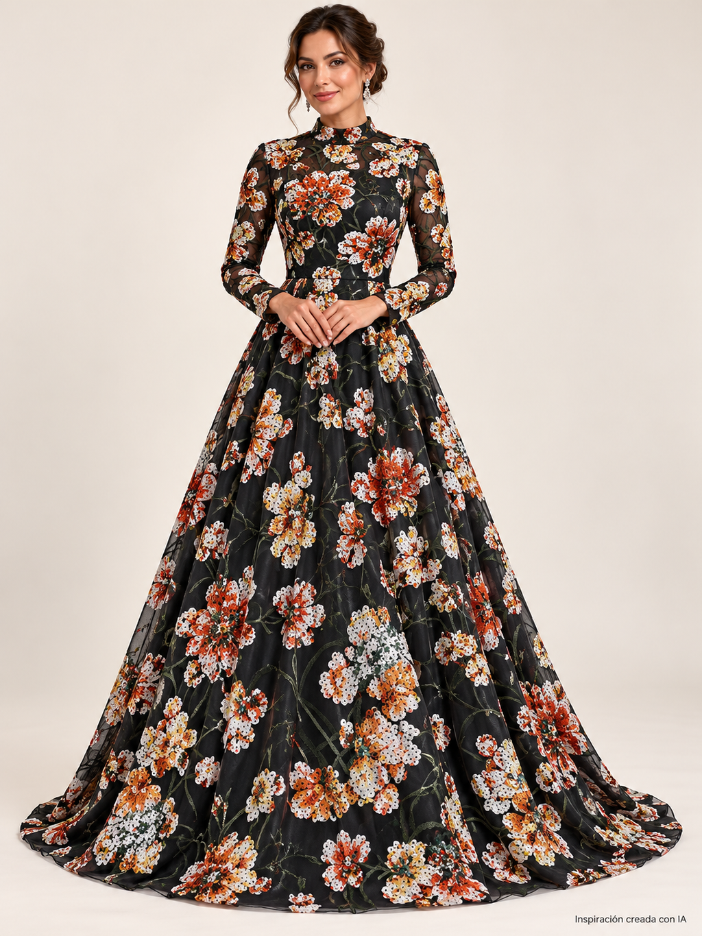 Tul bordado Con Flores de Lentejuela Color Negro Naranja A671 — Palacio Glamour