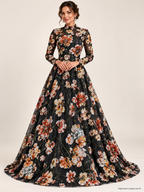 Tul bordado Con Flores de Lentejuela Color Negro Naranja A671 — Palacio Glamour