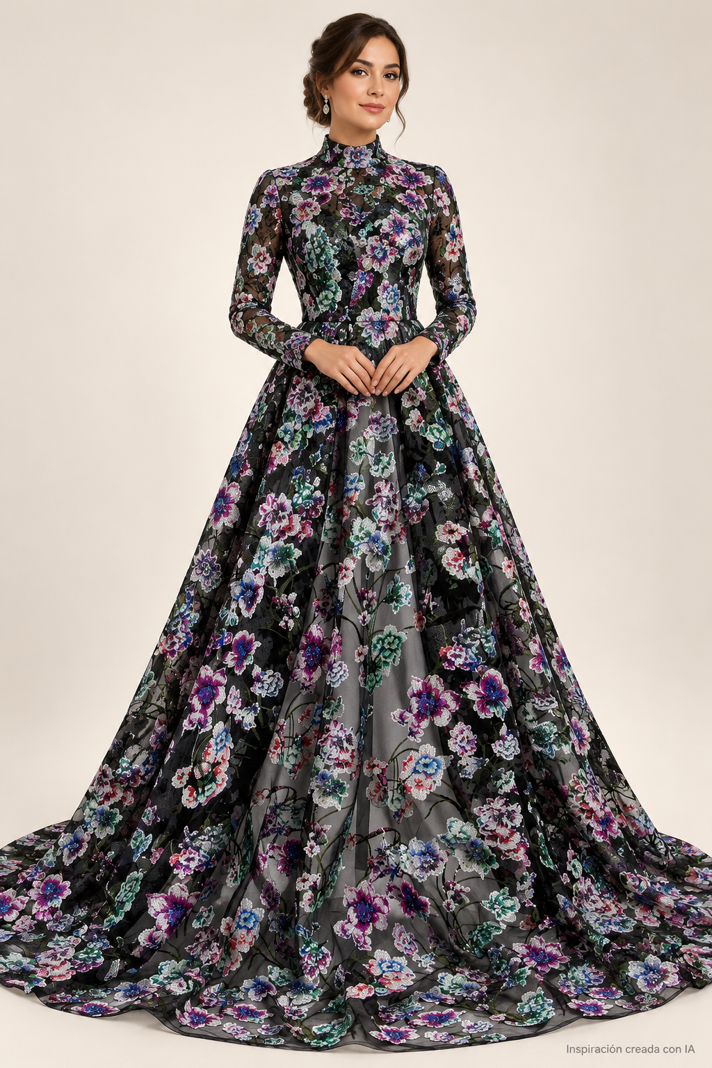 Tul bordado Con Flores de Lentejuela Color Negro Morado A671 — Palacio Glamour