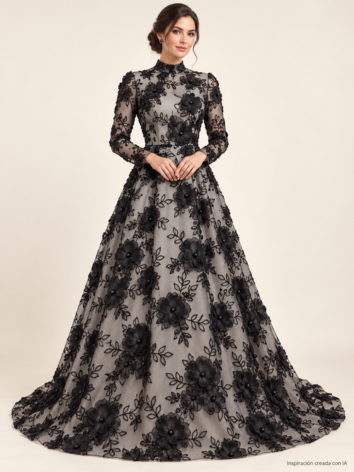 Tul bordado color negro A727 — Palacio Glamour