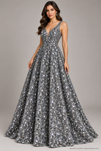 Tul bordado con lentejuela sobre terciopelo A789 color gris — Palacio Glamour