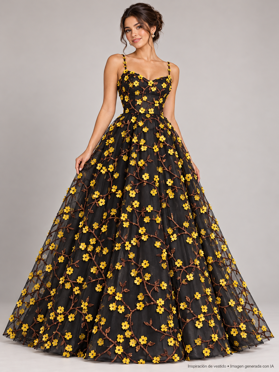 Tul bordado Con Flores 3d Y Ramajes Color Amarillo A621 — Palacio Glamour