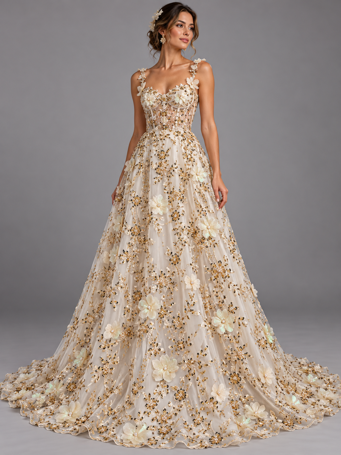 Tul bordado con lentejuela, canutillo y flor y mariposa 3d en tornasol hh237 — Palacio Glamour