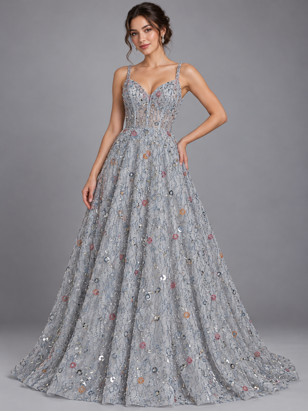 Tul bordado color gris H171 — Palacio Glamour