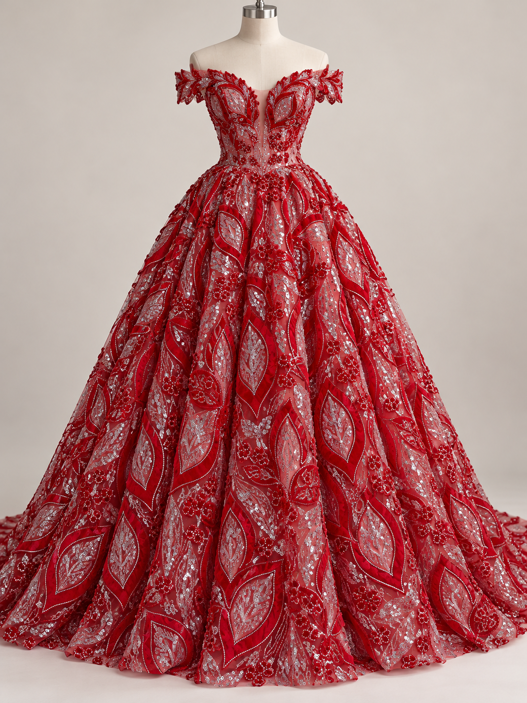 Tul bordado color rojo HH235 — Palacio Glamour
