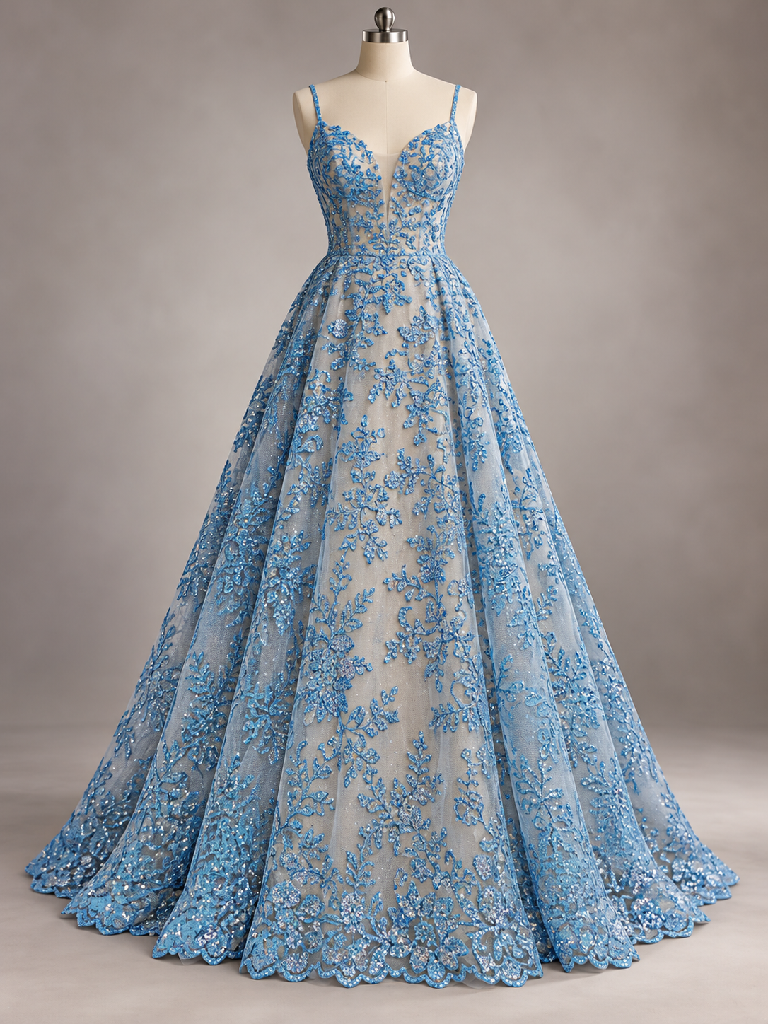 Tul Bordado Con Estampado en Glitter Diseño Floral Color Azul- HH240 — Palacio Glamour