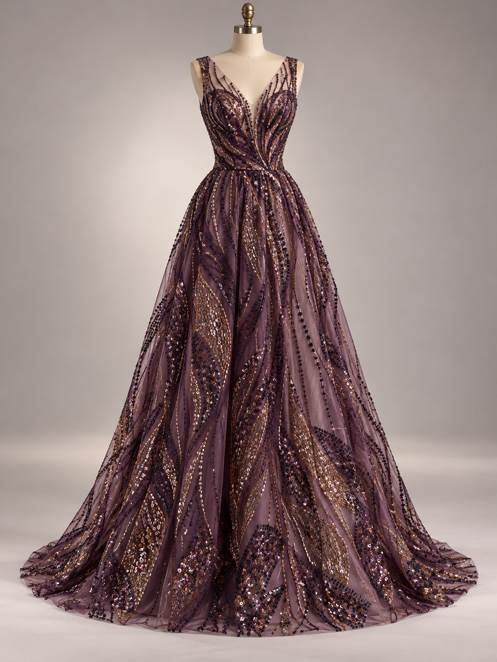 Tul Bordado Con Lentejuela Y Chaquira Color Morado-HH170 — Palacio Glamour