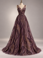 Tul Bordado Con Lentejuela Y Chaquira Color Morado-HH170 — Palacio Glamour