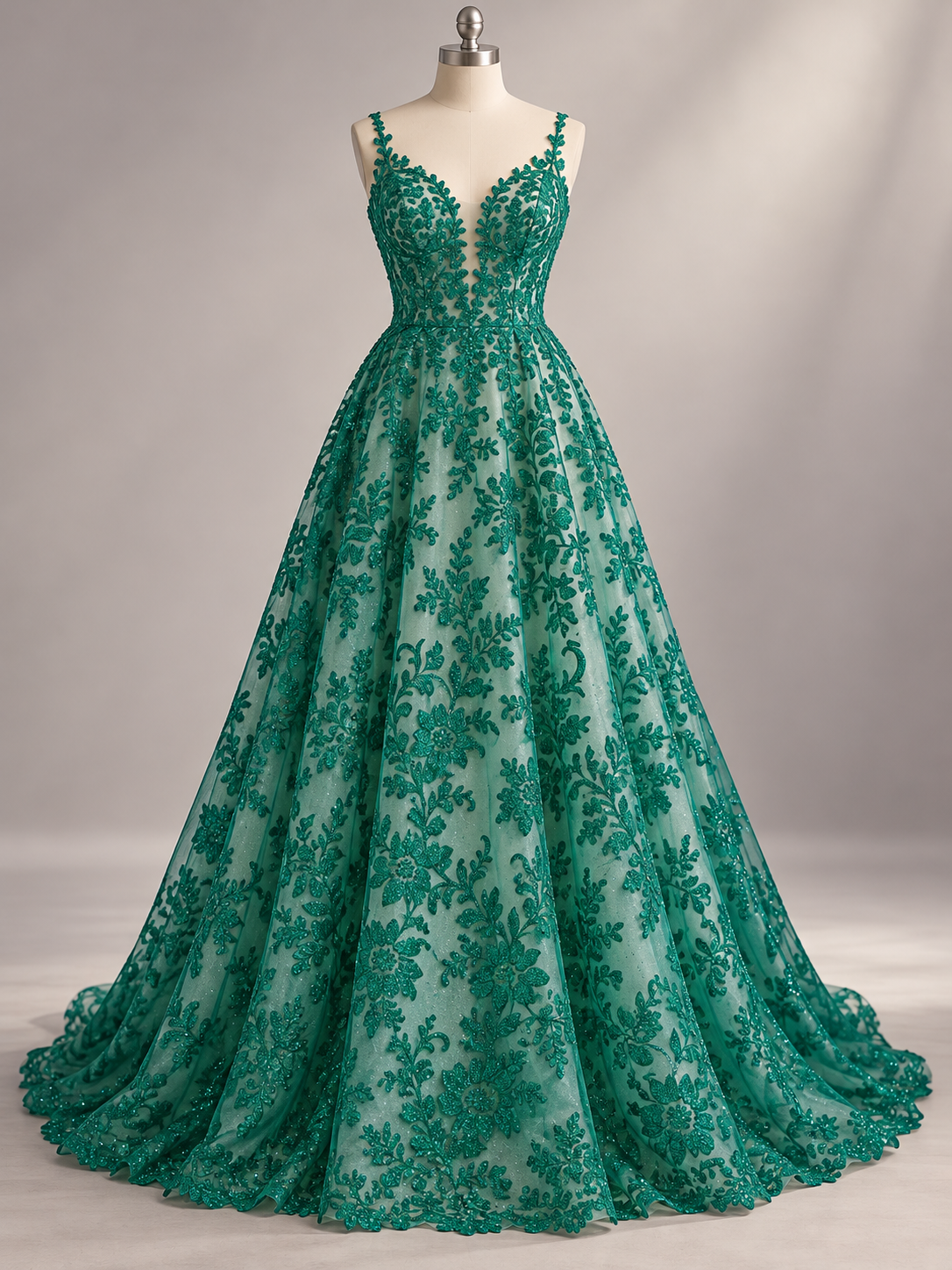 Tul Bordado Con Estampado en Glitter Diseño Floral Color Esmeralda- HH240 — Palacio Glamour
