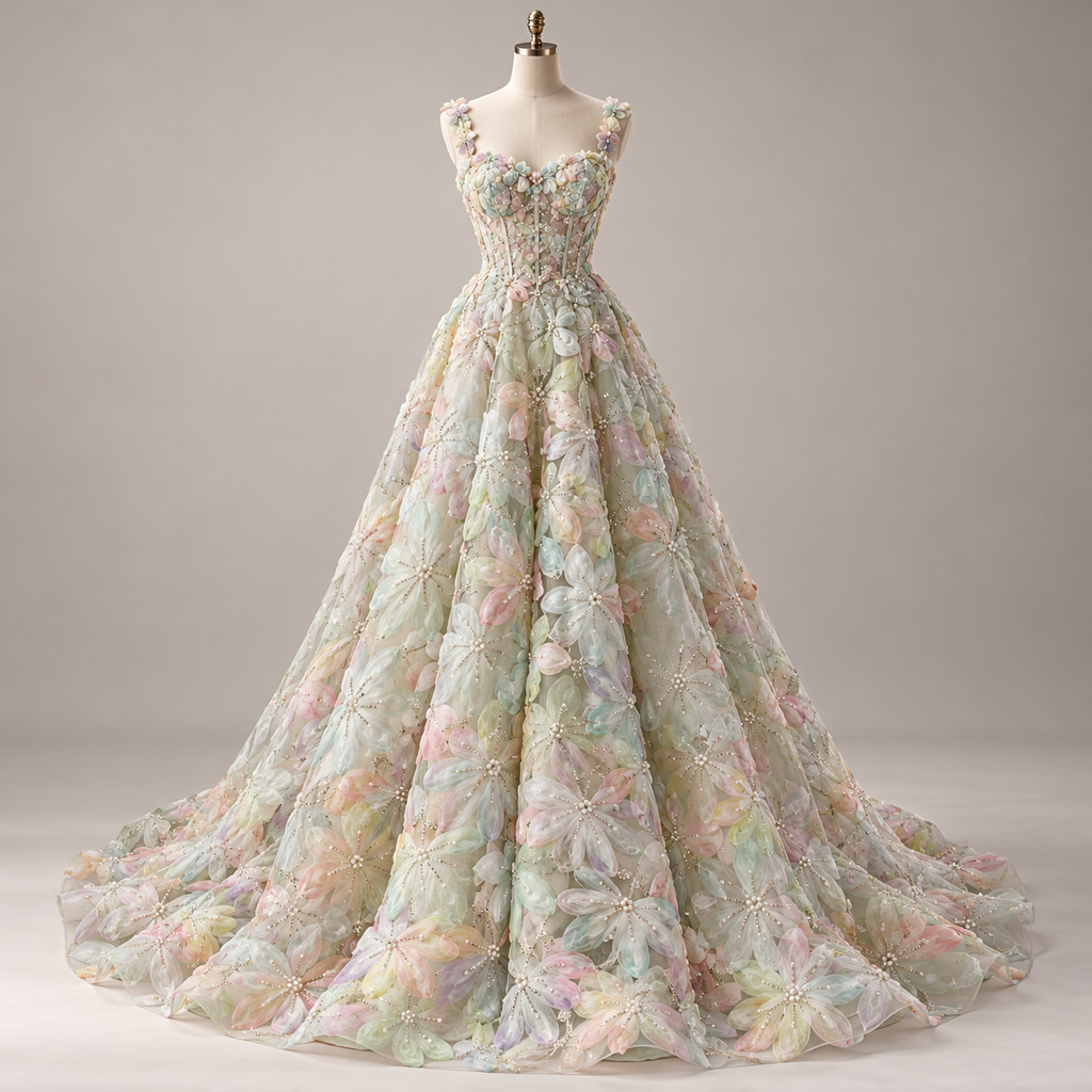 Tul Bordado Floral Con Perlas, Chaquira Y Canutillo Color Verde Oro- HH028 — Palacio Glamour