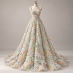 Tul Bordado Floral Con Perlas, Chaquira Y Canutillo Color Verde Oro- HH028 — Palacio Glamour