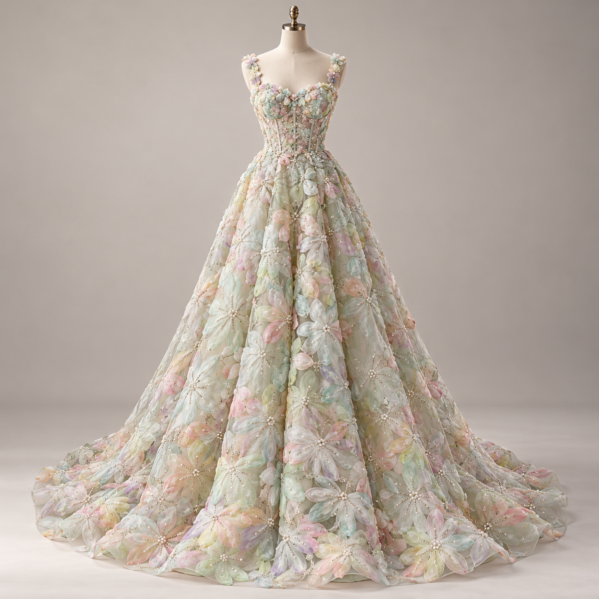 Tul Bordado Floral Con Perlas, Chaquira Y Canutillo Color Verde Oro- HH028 — Palacio Glamour