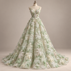 Tul Bordado Floral Con Perlas, Chaquira Y Canutillo Color Verde - HH028 — Palacio Glamour