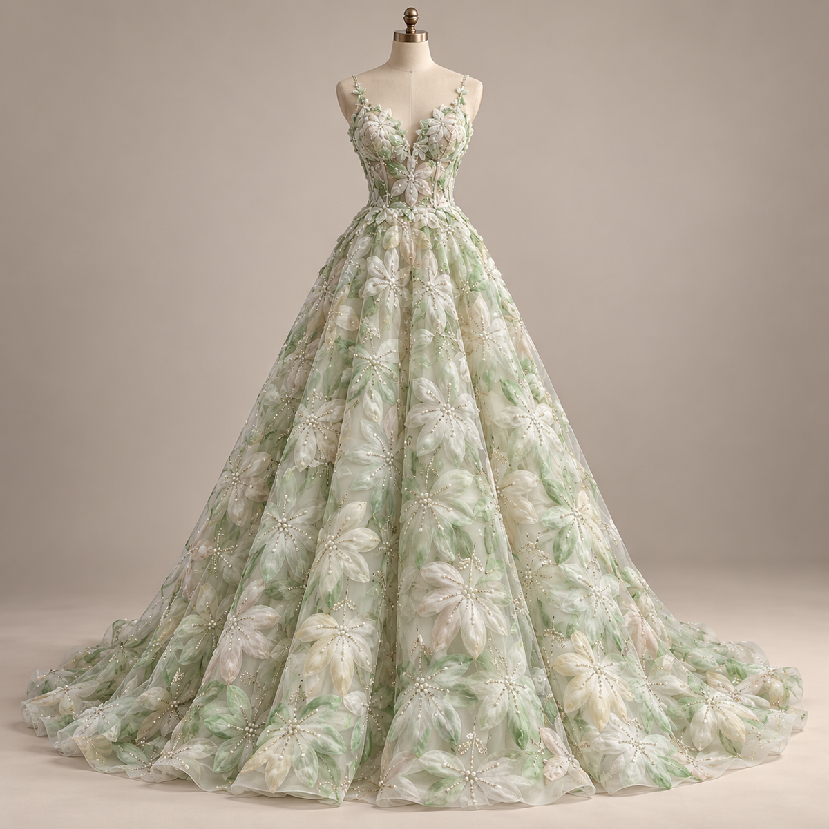 Tul Bordado Floral Con Perlas, Chaquira Y Canutillo Color Verde - HH028 — Palacio Glamour