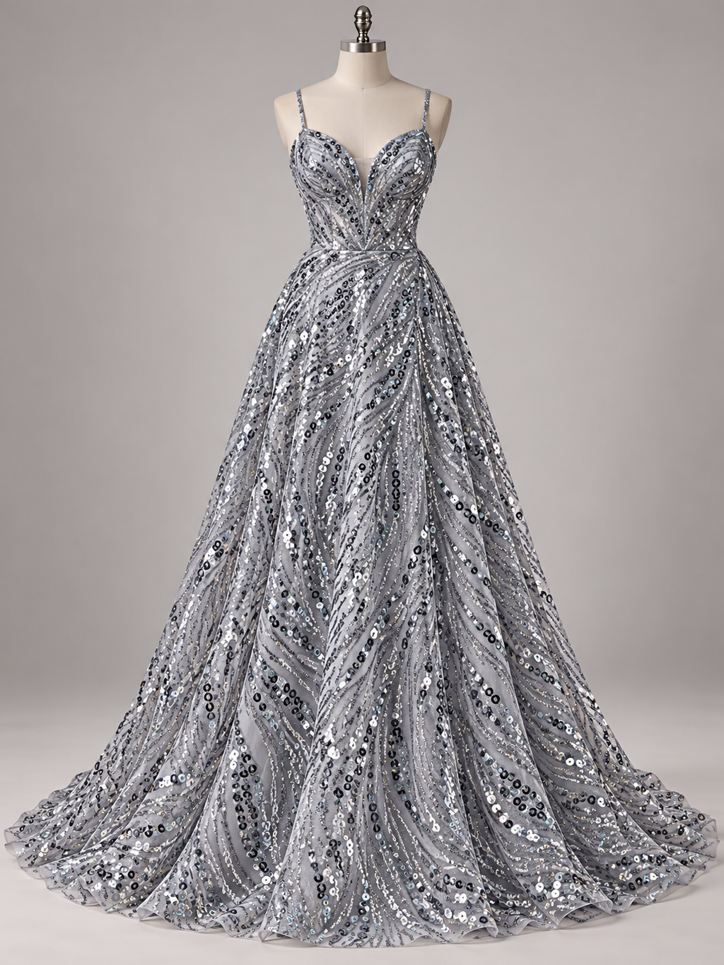 Tul Bordado Con Diseño, Glitter Y Lentejuela Color Plata- HH035 — Palacio Glamour