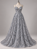 Tul Bordado Con Diseño, Glitter Y Lentejuela Color Plata- HH035 — Palacio Glamour