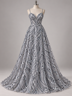 Tul Bordado Con Diseño, Glitter Y Lentejuela Color Plata- HH035 — Palacio Glamour