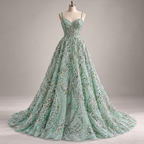 Tul Bordado Con Diseño Con Lentejuela Y Chaquira Color Menta- HH043 — Palacio Glamour