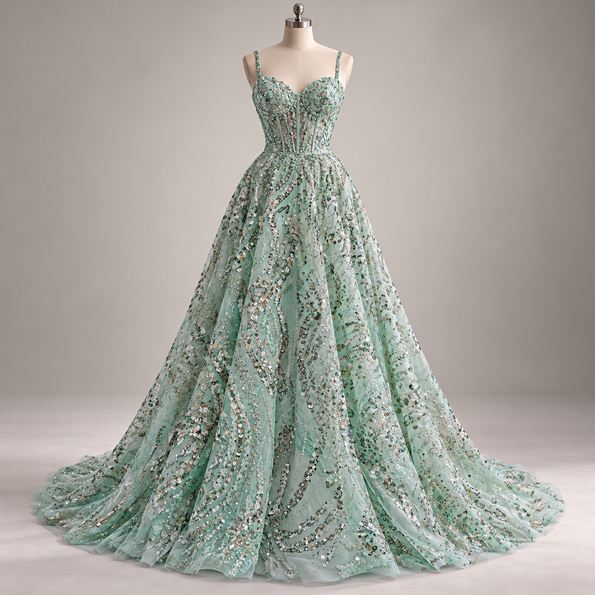 Tul Bordado Con Diseño Con Lentejuela Y Chaquira Color Menta- HH043 — Palacio Glamour