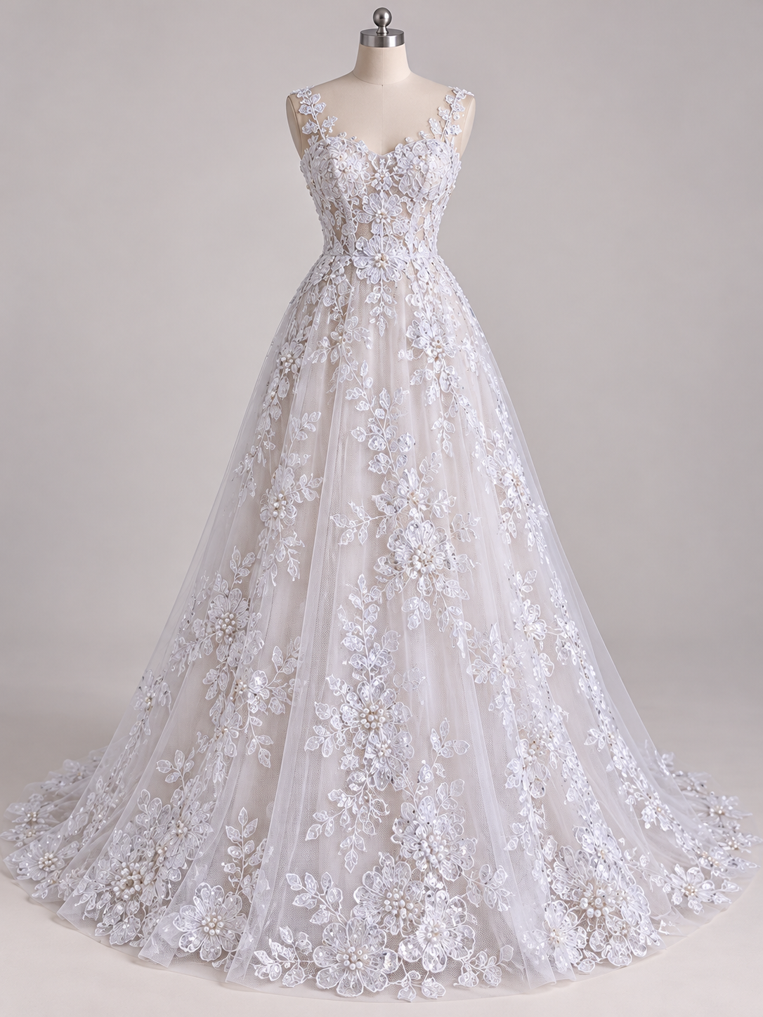 Tul Bordado Con Diseño Floral Con Lentejuela Y Perla Color Blanco - HH047 — Palacio Glamour