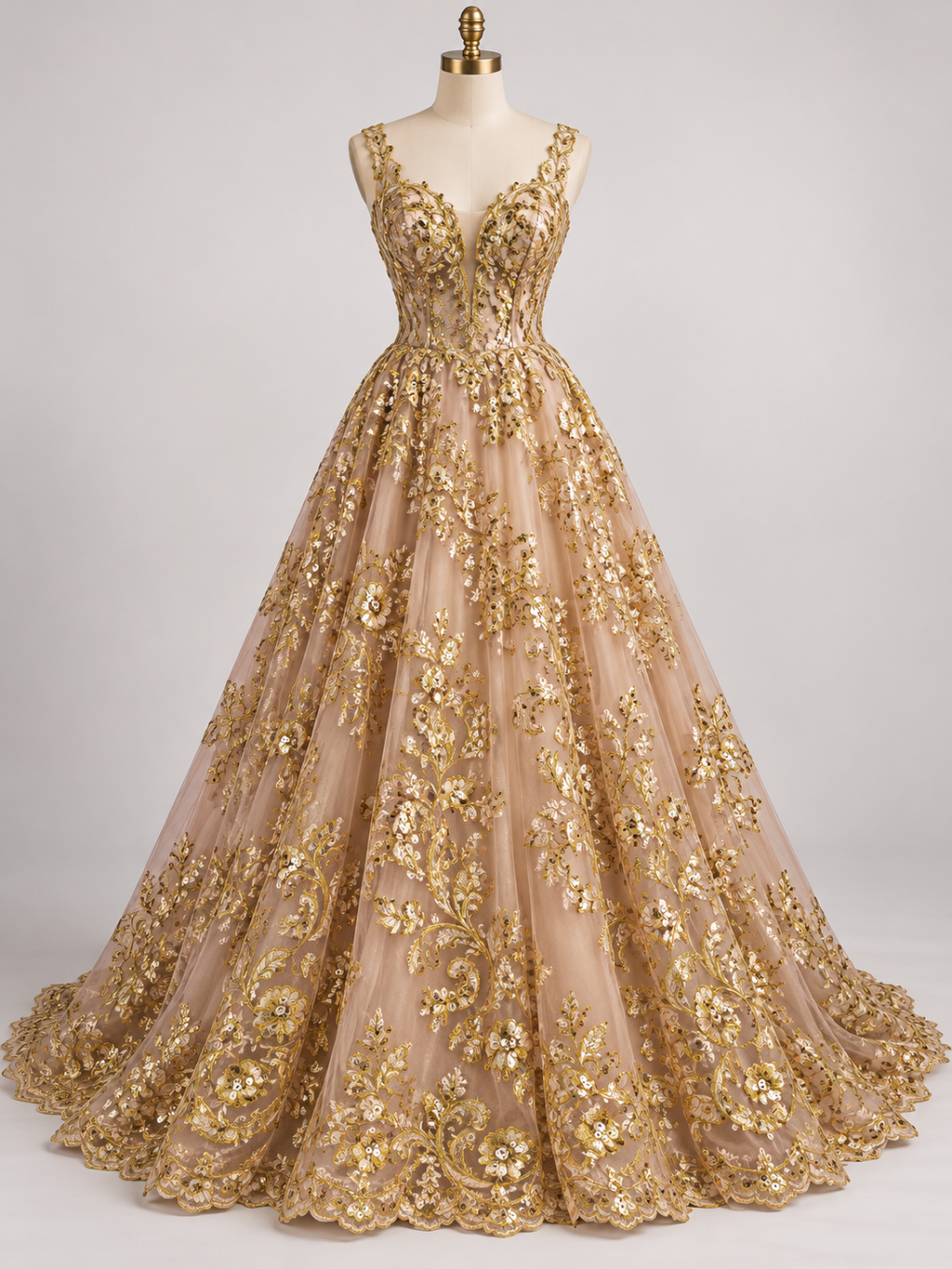 Tul Bordado Con Diseño Floral Con Lentejuela Color Oro- HH143 — Palacio Glamour