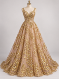 Tul Bordado Con Diseño Floral Con Lentejuela Color Oro- HH143 — Palacio Glamour