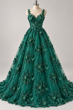 Tul Bordado Con Floral 3D, Mariposas, Pedrería, Lentejuela Y Perlas Color Verde Esmeralda- HH157 — Palacio Glamour