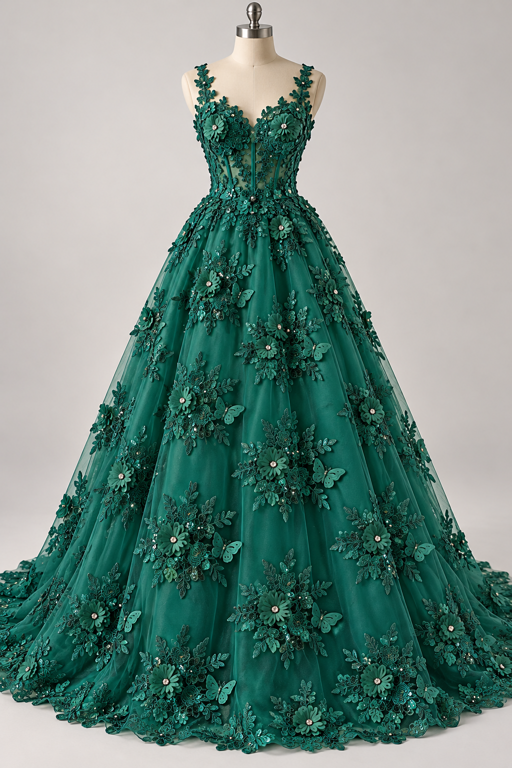 Tul Bordado Con Floral 3D, Mariposas, Pedrería, Lentejuela Y Perlas Color Verde Esmeralda- HH157 — Palacio Glamour