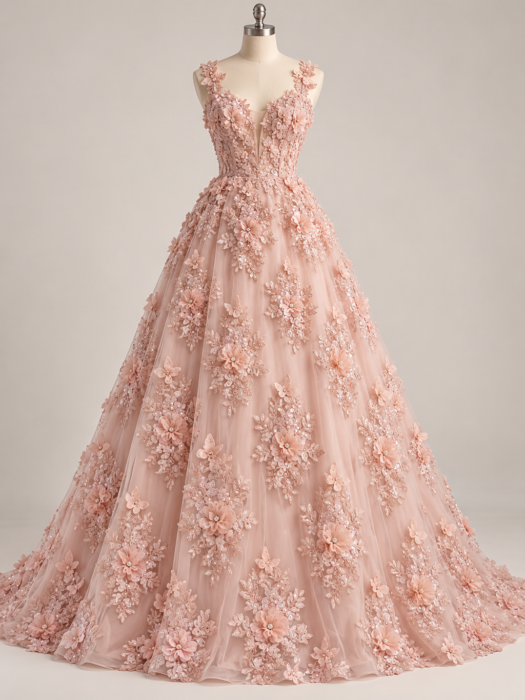 Tul Bordado Con Floral 3D, Mariposas, Pedrería, Lentejuela Y Perlas Color Blush- HH157 — Palacio Glamour