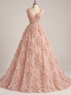 Tul Bordado Con Floral 3D, Mariposas, Pedrería, Lentejuela Y Perlas Color Blush- HH157 — Palacio Glamour