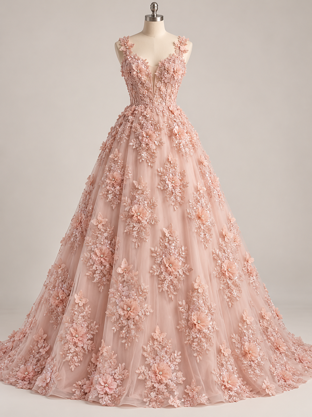 Tul Bordado Con Floral 3D, Mariposas, Pedrería, Lentejuela Y Perlas Color Blush- HH157 — Palacio Glamour
